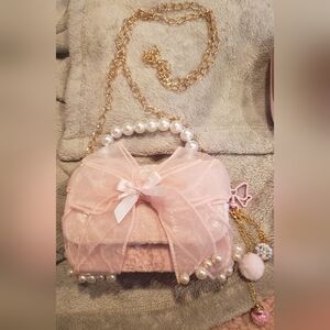 New Adorable Cute Kawaii Pink & Faux Pearl With Bows Clutch / Purse / Bag